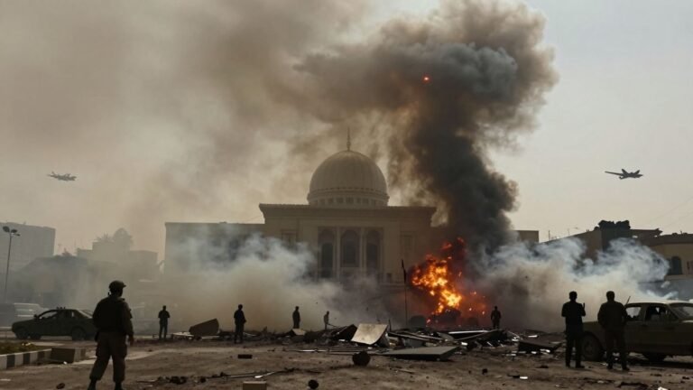 Explosion near Middle Eastern government building, military aircraft in distance.