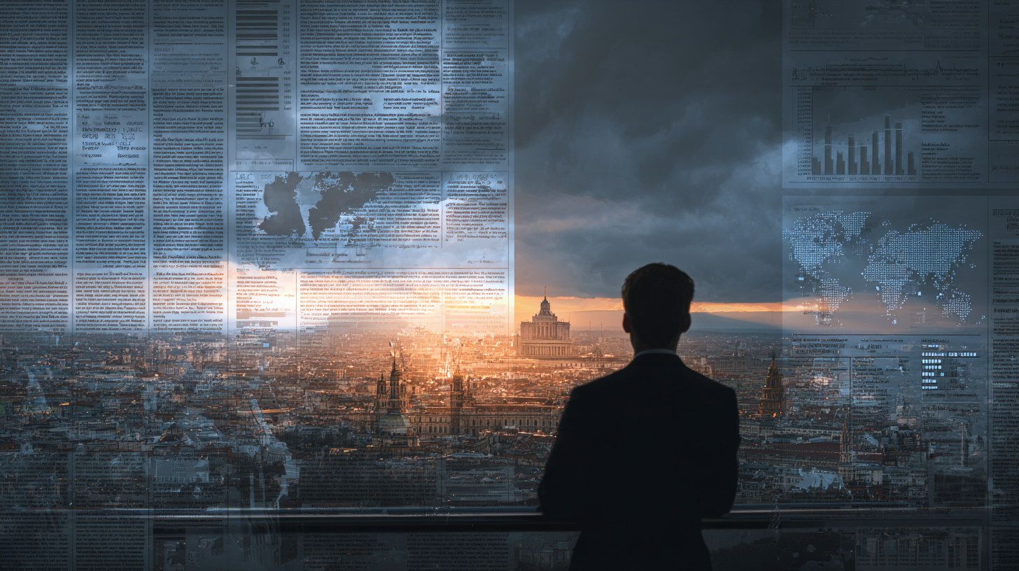 Editor surveying a city at dusk overlaid with newspaper columns, charts, and world maps — representing Country Brief's editorial mission