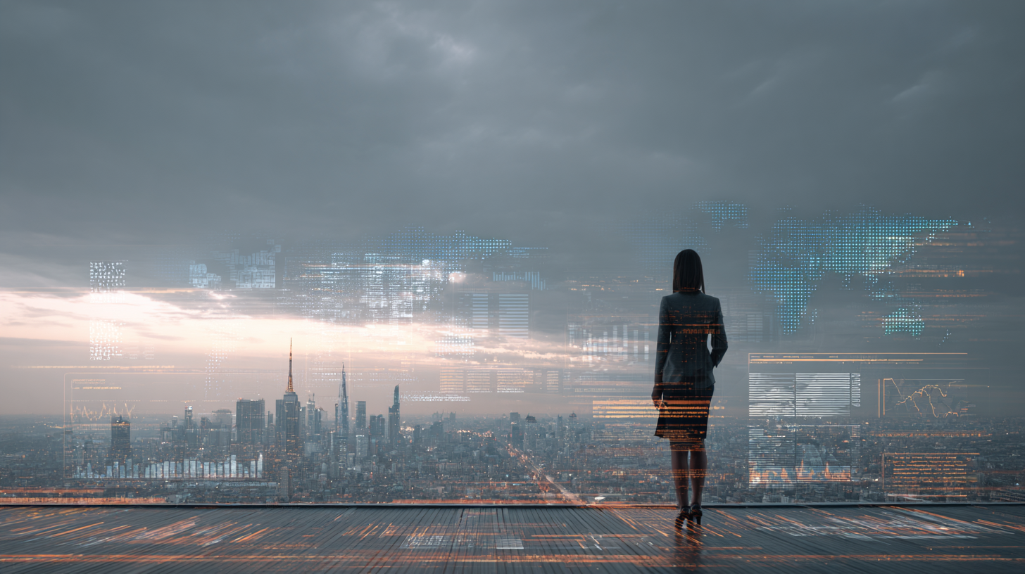 Figure looking out over a city skyline overlaid with world map and data — representing Country Brief's vision of connected global understanding