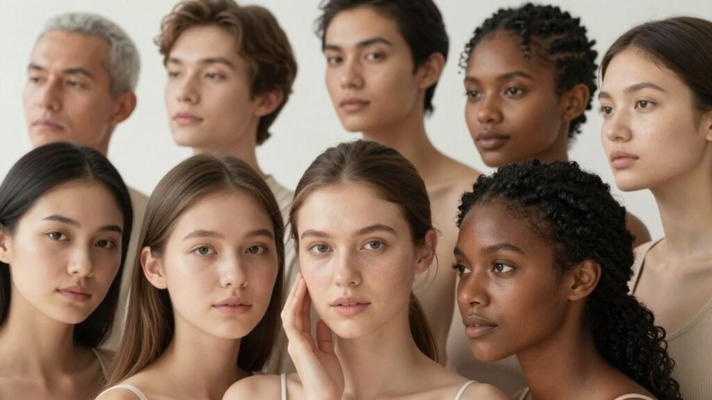 Diverse skin tones and complexions with healthy skin.