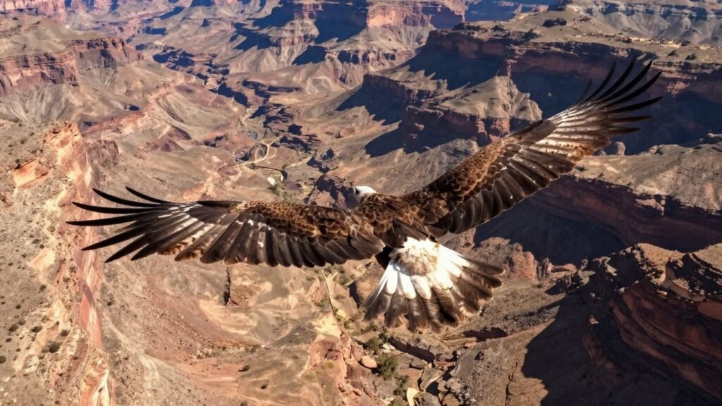 Eagle flying over a canyon, captured by drone.