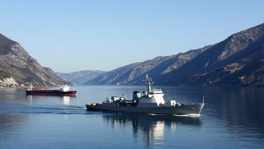 Naval vessel and tankers in a narrow strait.