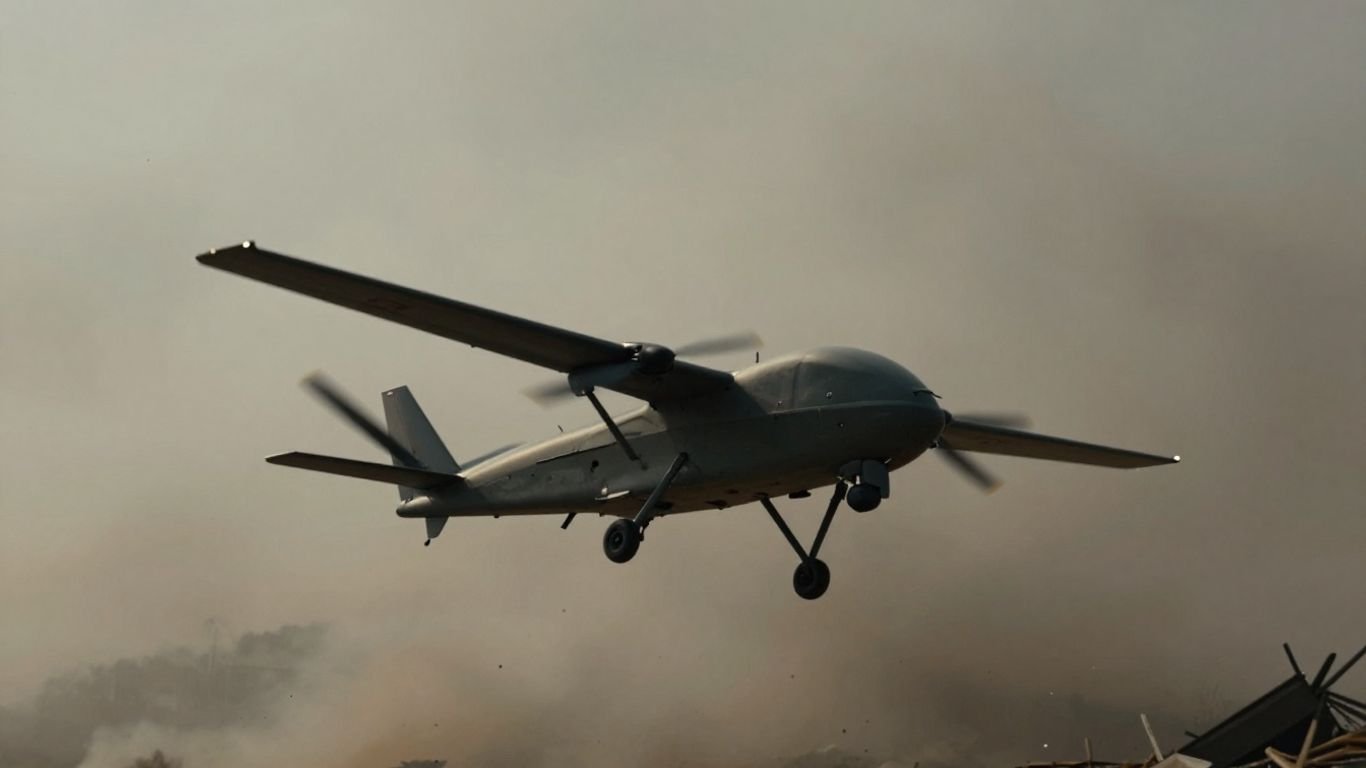 Drone hovering over smoky, destroyed landscape.