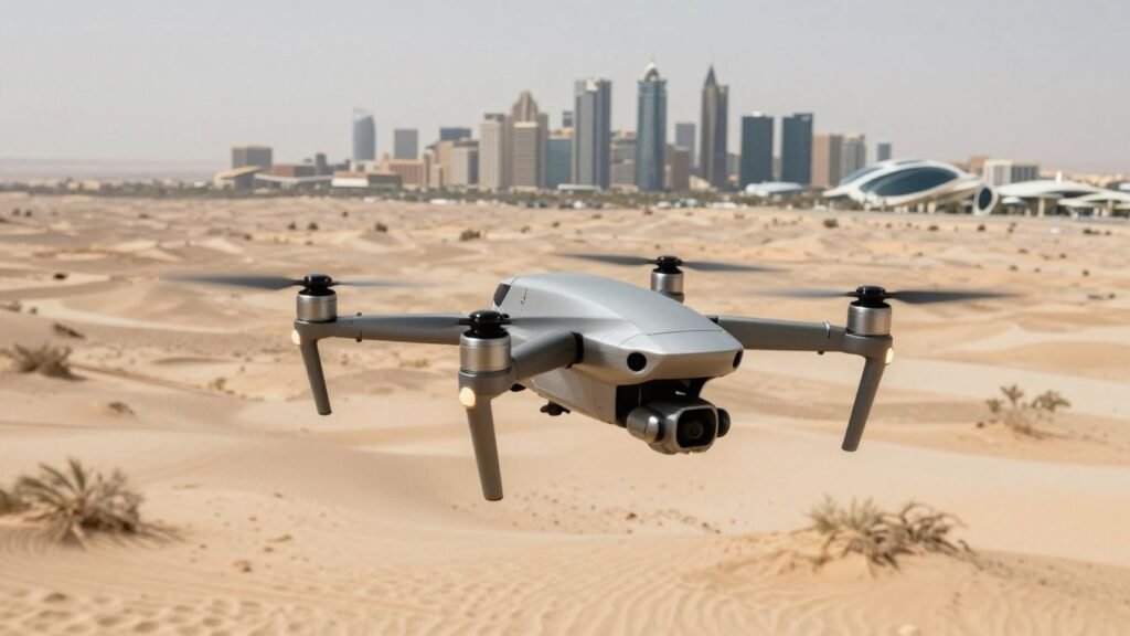 Drone flying over desert city skyline.