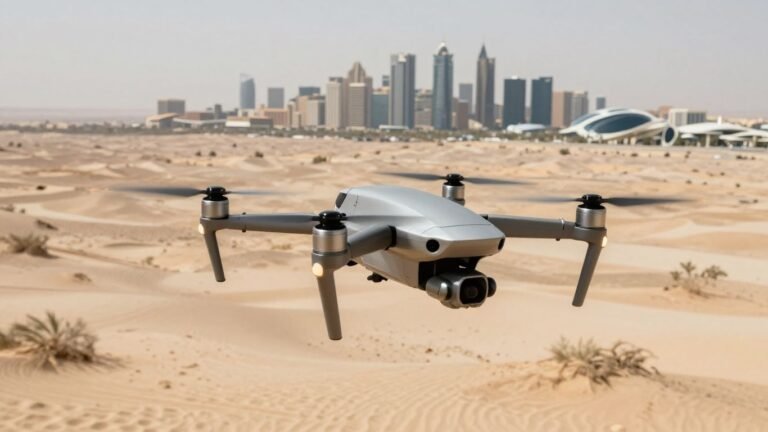 Drone flying over desert city skyline.