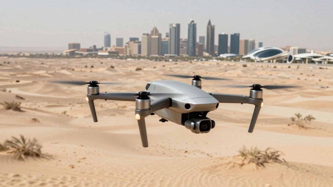 Drone flying over desert city skyline.