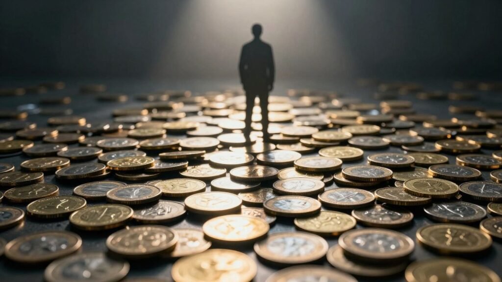 Vast pile of gold coins and currency bills, suggesting immense wealth.