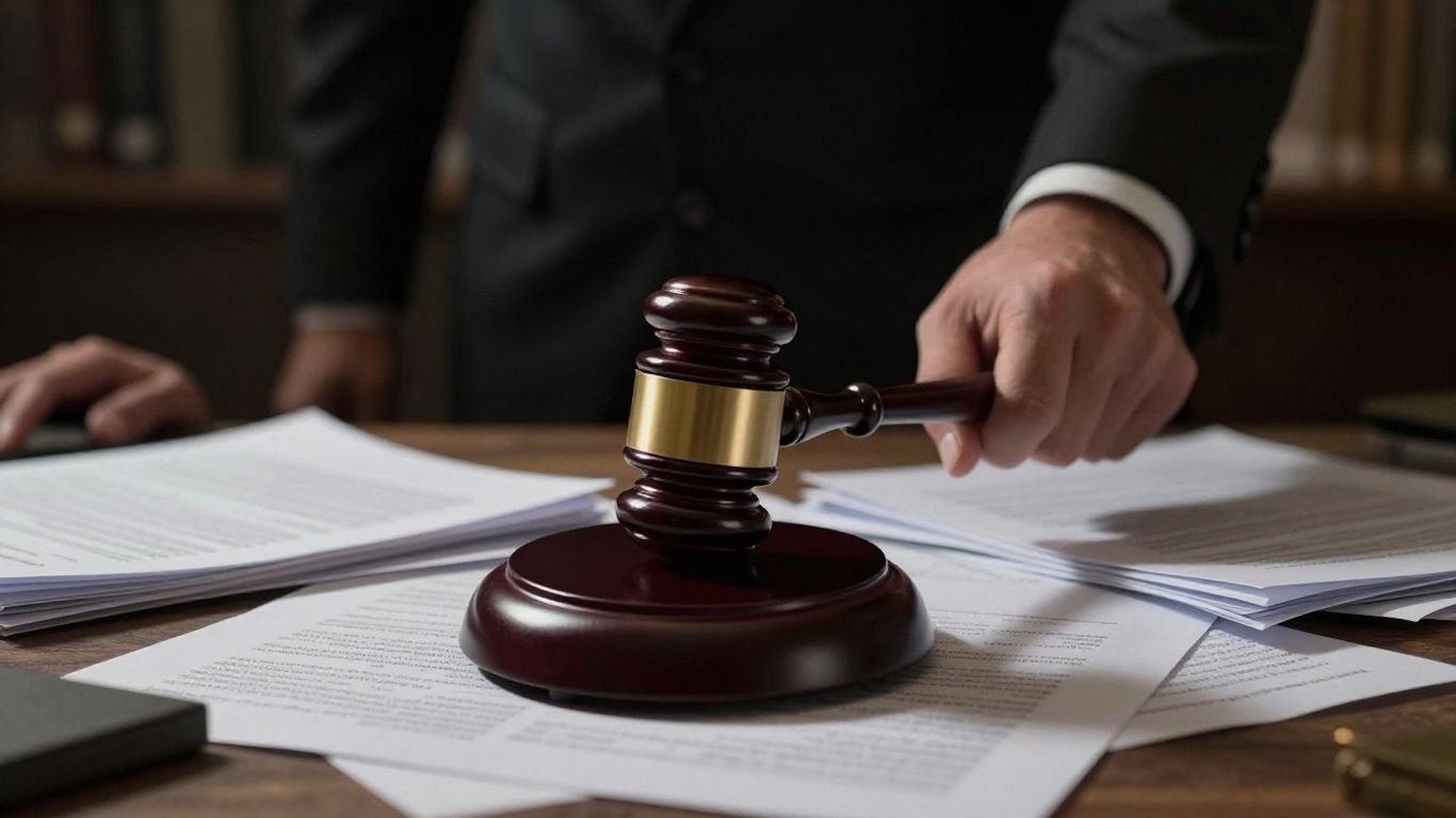 Gavel striking documents, shadowy figure in background.
