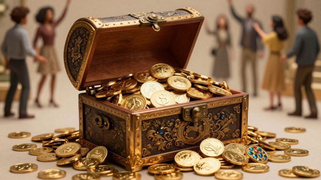 G20 wealth transfer: gold coins and jewels spilling from a chest.