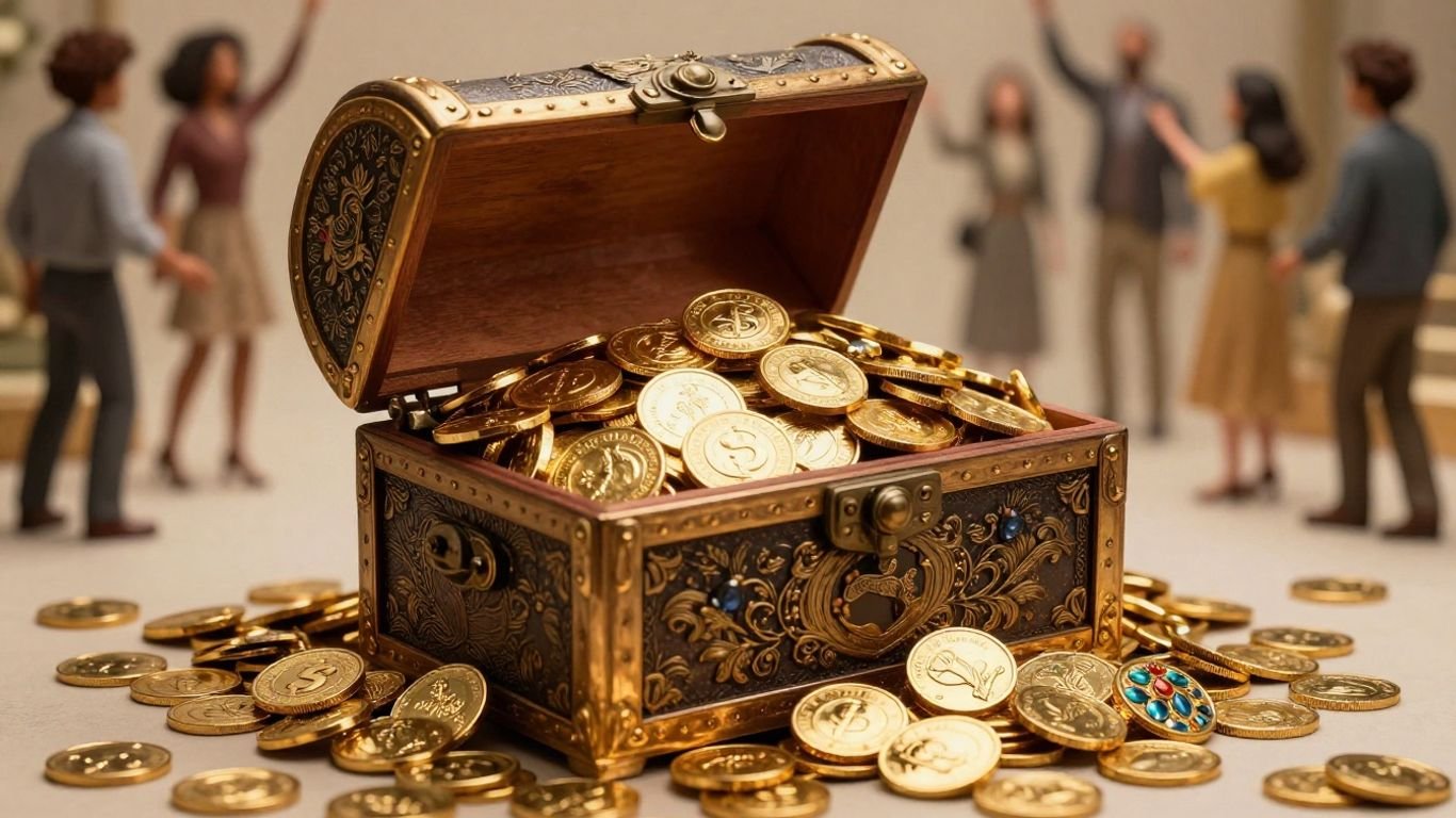 G20 wealth transfer: gold coins and jewels spilling from a chest.
