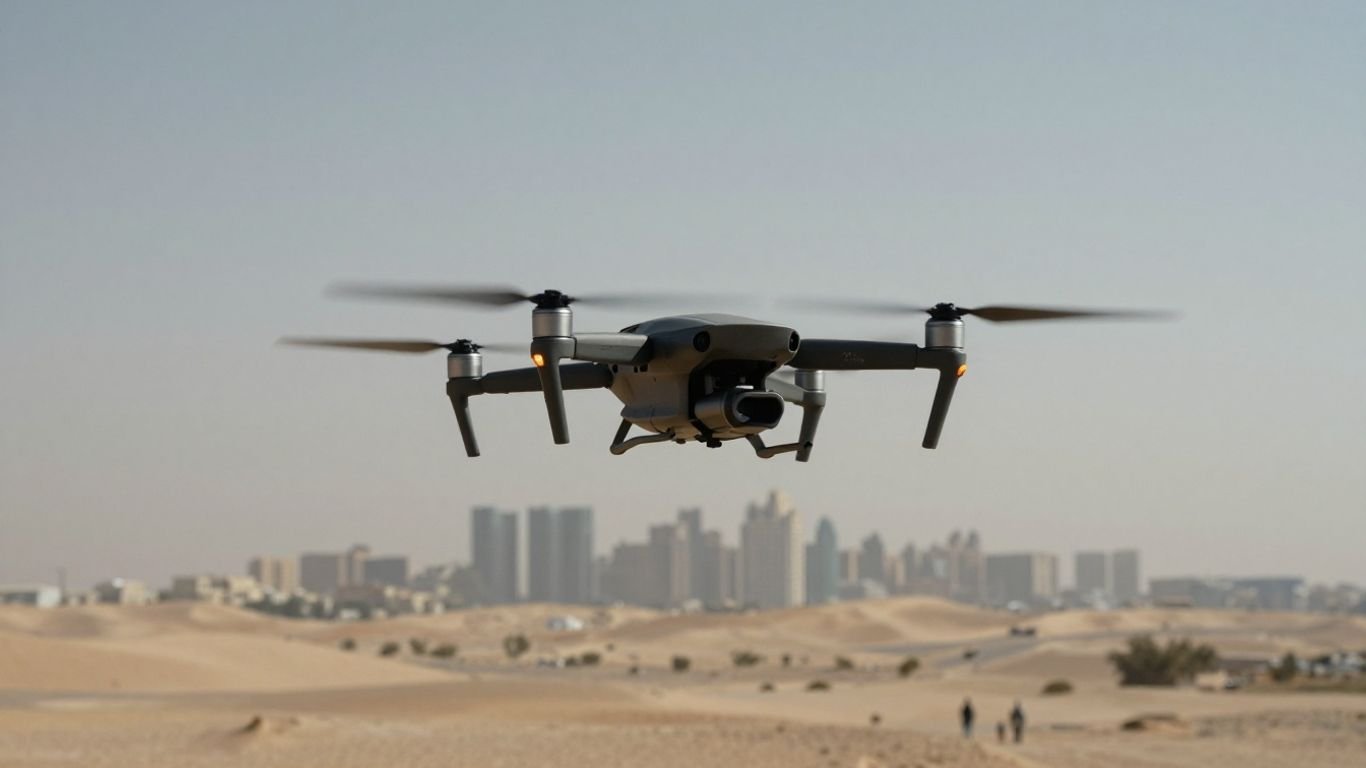 Drone flying over desert landscape towards a city.