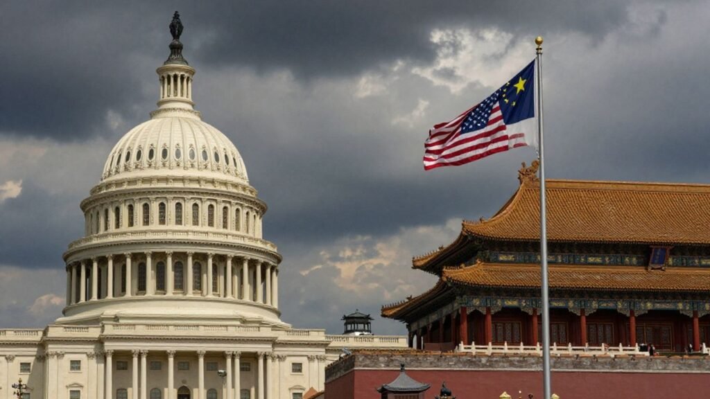 Capitol and Forbidden City with US and China flags