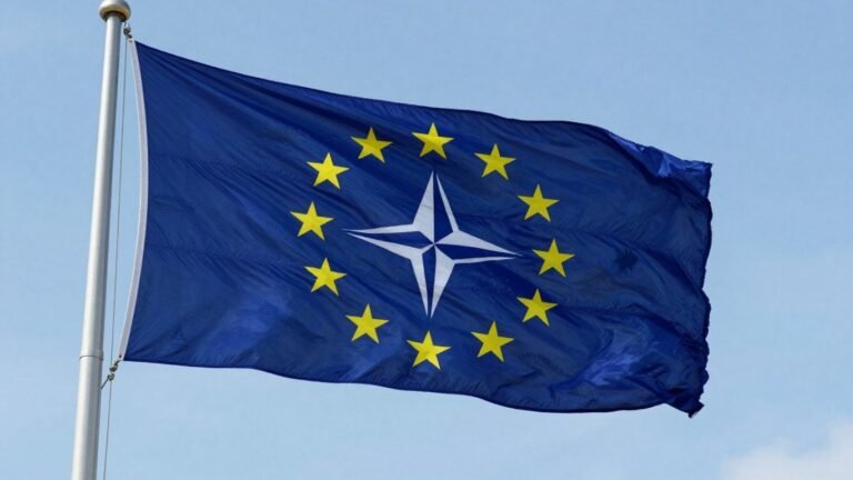 NATO flag against European landscapes