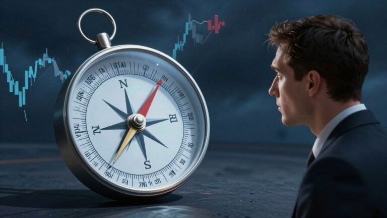 Investor confused by a spinning compass amidst market volatility.