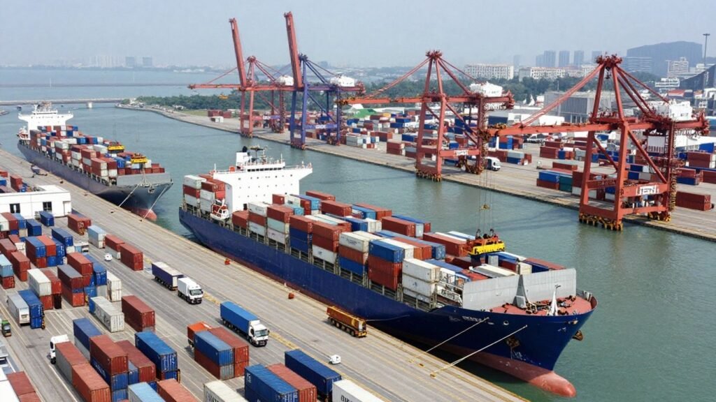 Global shipping port with container ships and cranes.