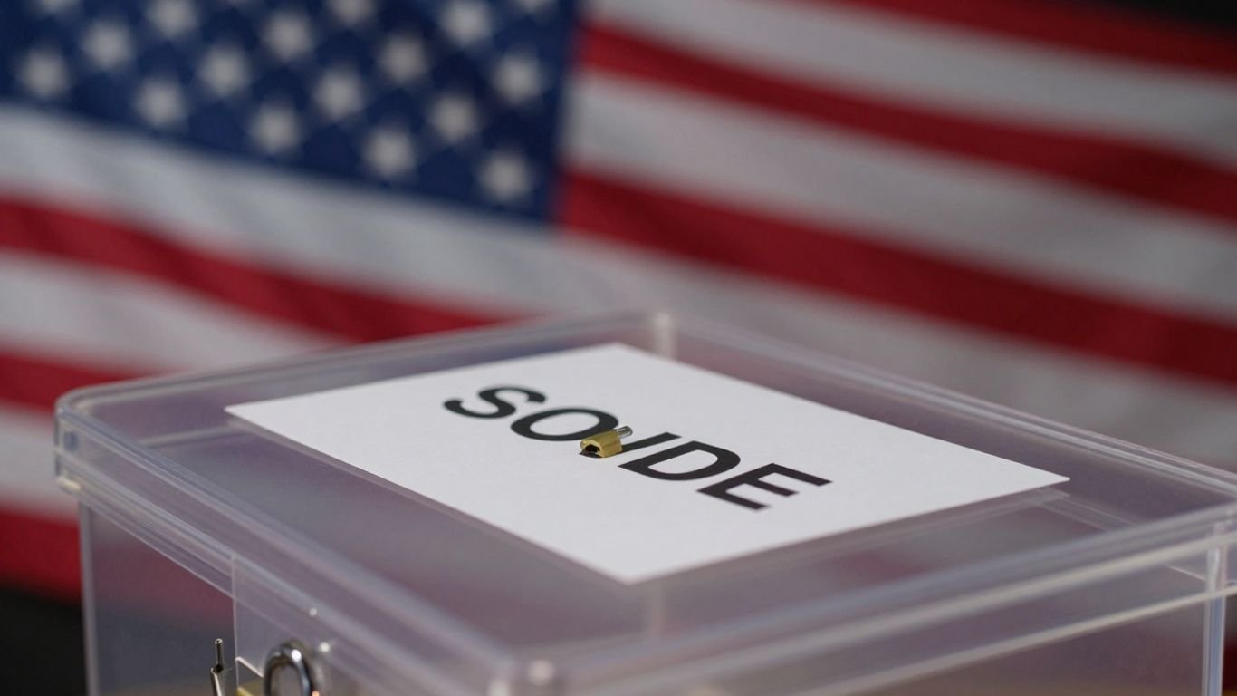 Secure ballot box with American flag background.