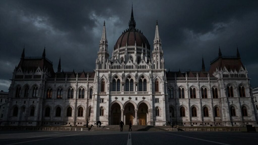 Polish parliament building under stormy sky, figures in distress.