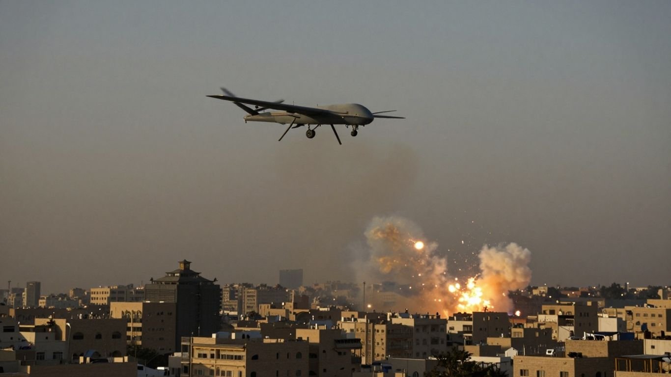 Drone attack over Gulf States cityscape at night.