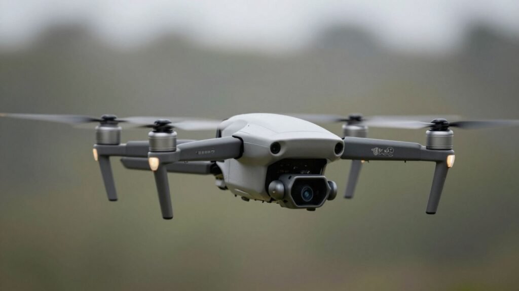 Drone flying, family crest visible on casing.