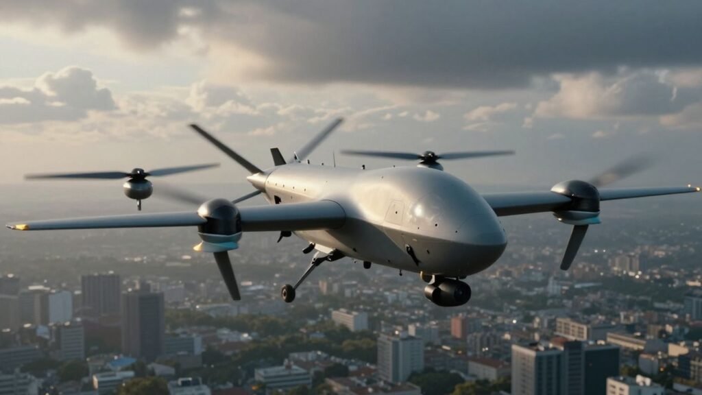 Military drone flying, political intrigue, defense deals.