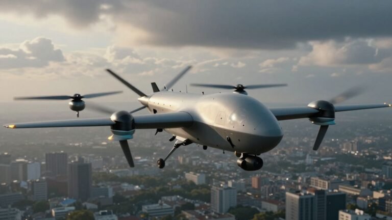 Military drone flying, political intrigue, defense deals.