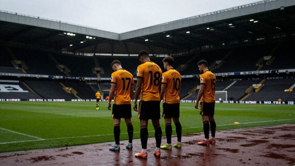 Wolverhampton Wanderers players on a desolate football pitch.