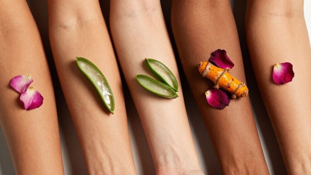 Diverse skin tones with natural ingredients for radiant skin.