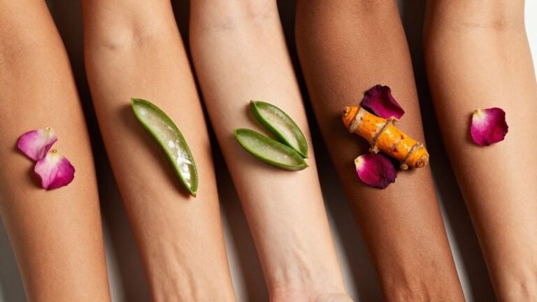 Diverse skin tones with natural ingredients for radiant skin.