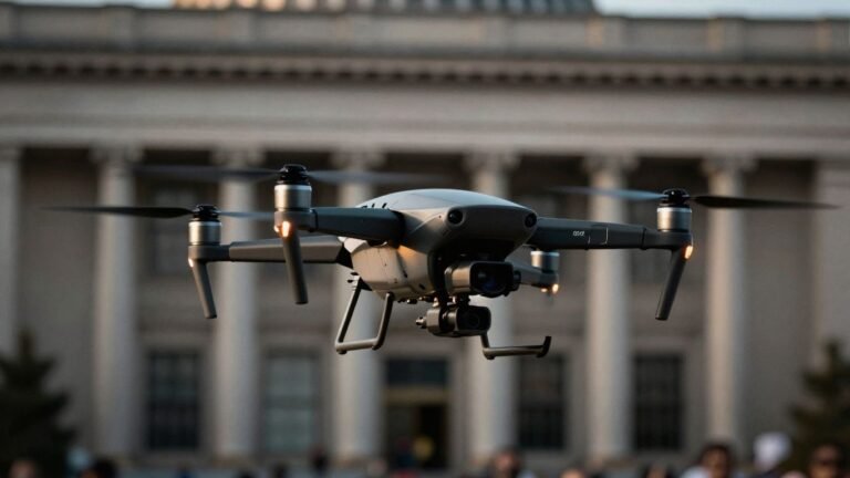 Drone flying with political backdrop.