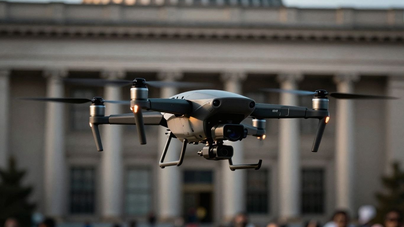 Drone flying with political backdrop.