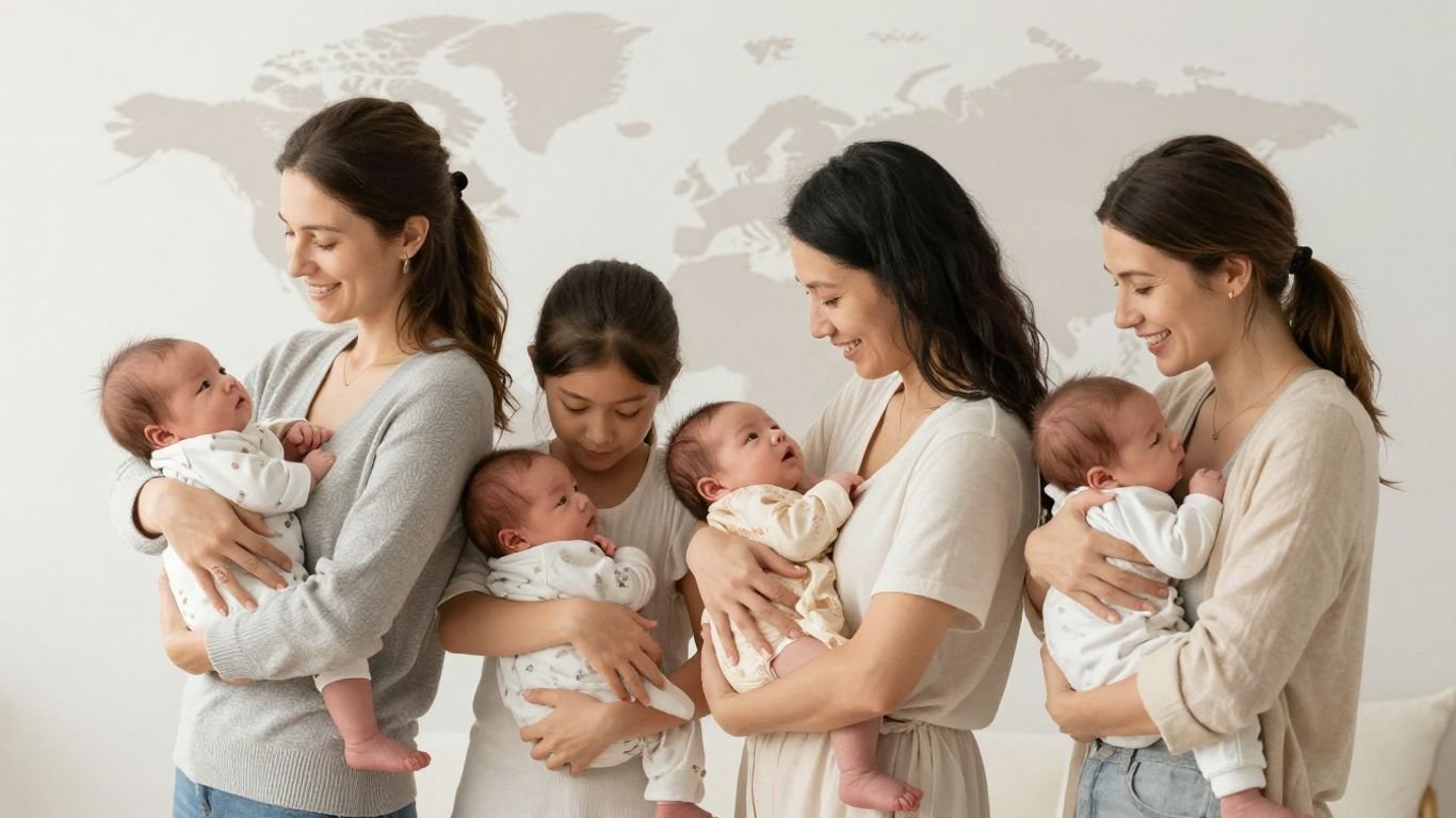 Mothers and babies, global maternity leave concept.