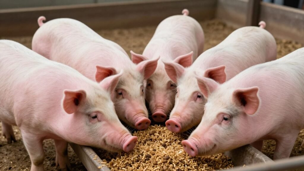 Pigs eating feed in a trough on a farm.