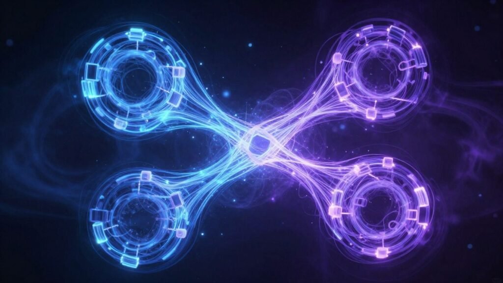 Abstract visualization of glowing interconnected qubits.