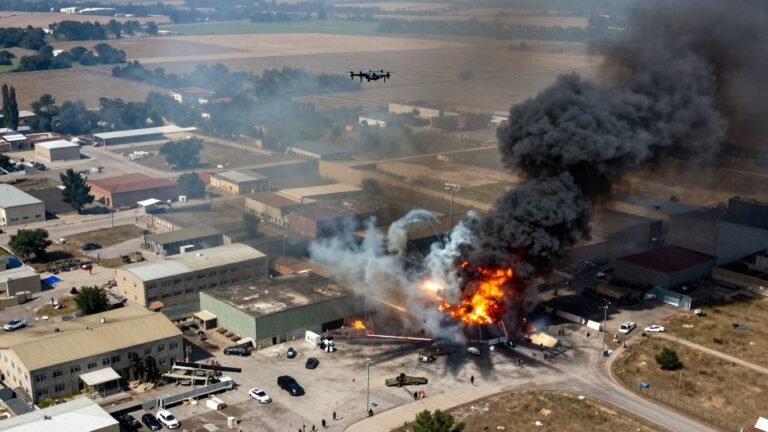 Drone attacks a US military base, smoke rises.