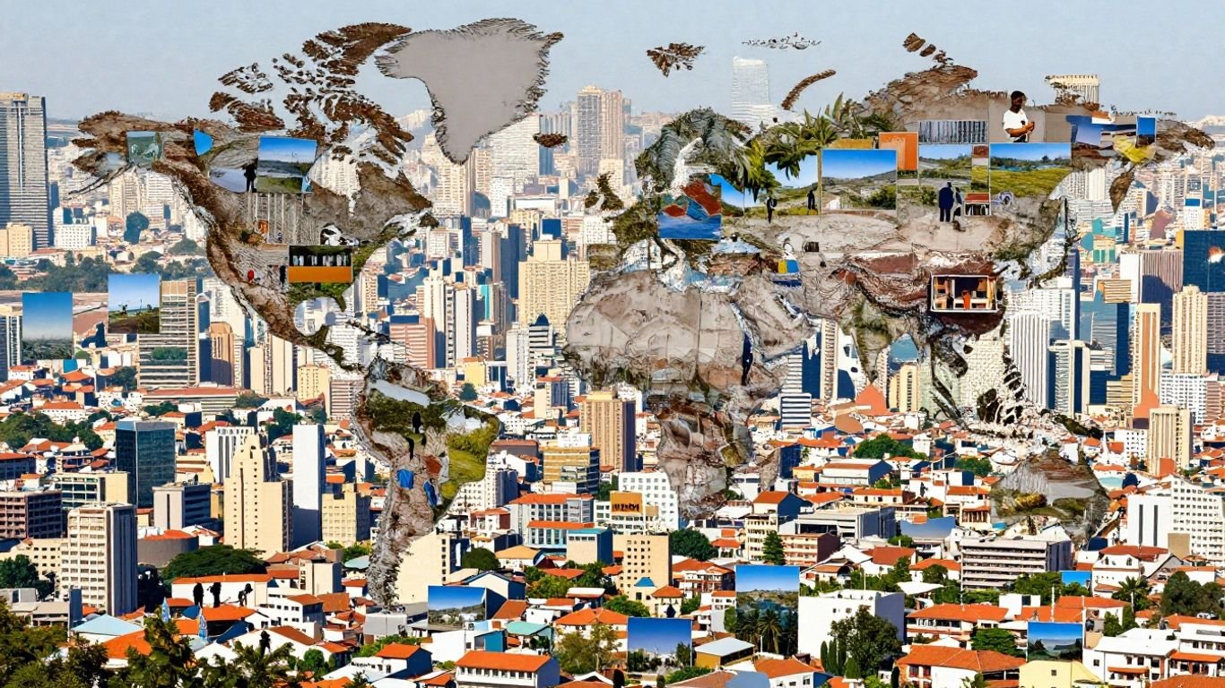 Global map with connecting lines and diverse people icons.