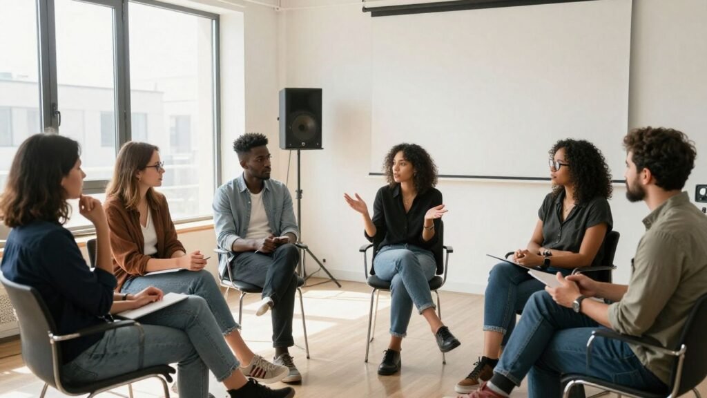 Media professionals discussing the future in a modern studio.