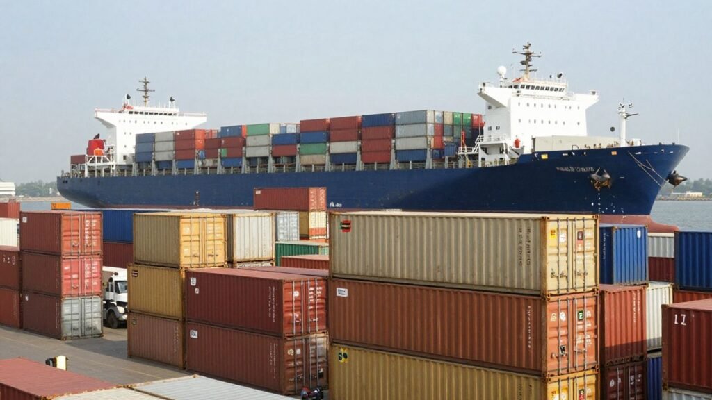 Indian port with beverage containers and cargo ship.