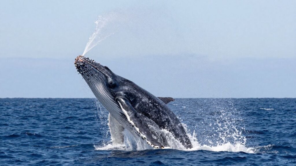 Drone view of a whale breaching multiple times from the ocean.