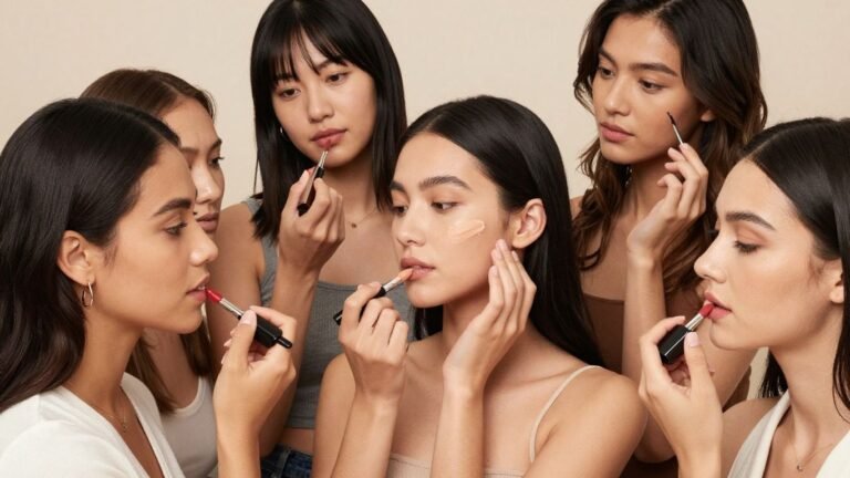 Mixed race women applying makeup for different skin tones.
