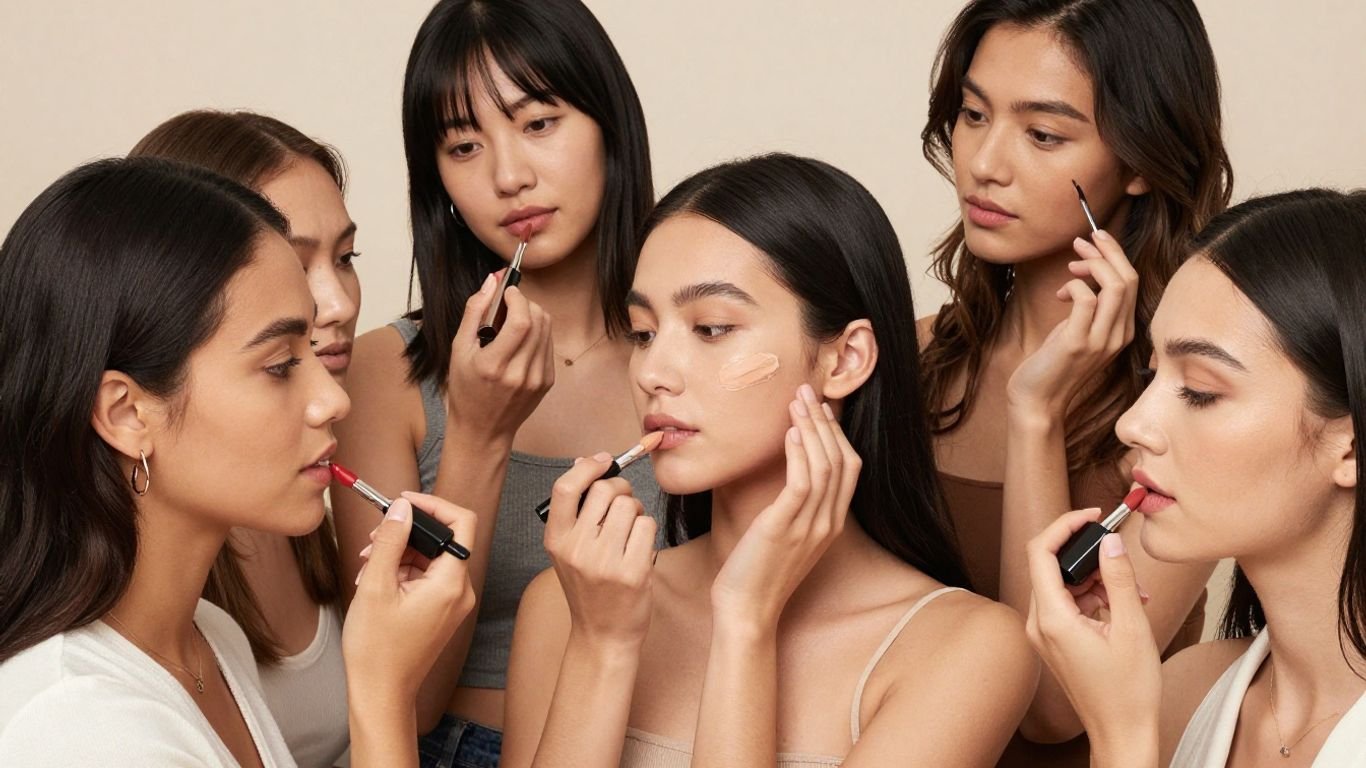 Mixed race women applying makeup for different skin tones.
