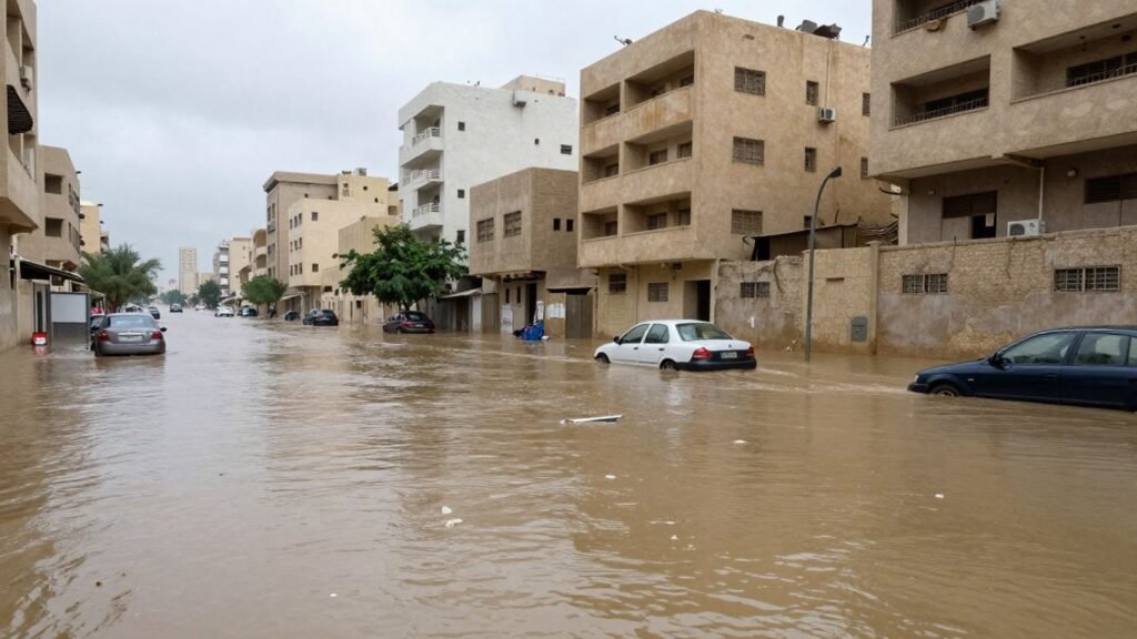 Flooded Saudi Arabian city street with submerged cars and debris.