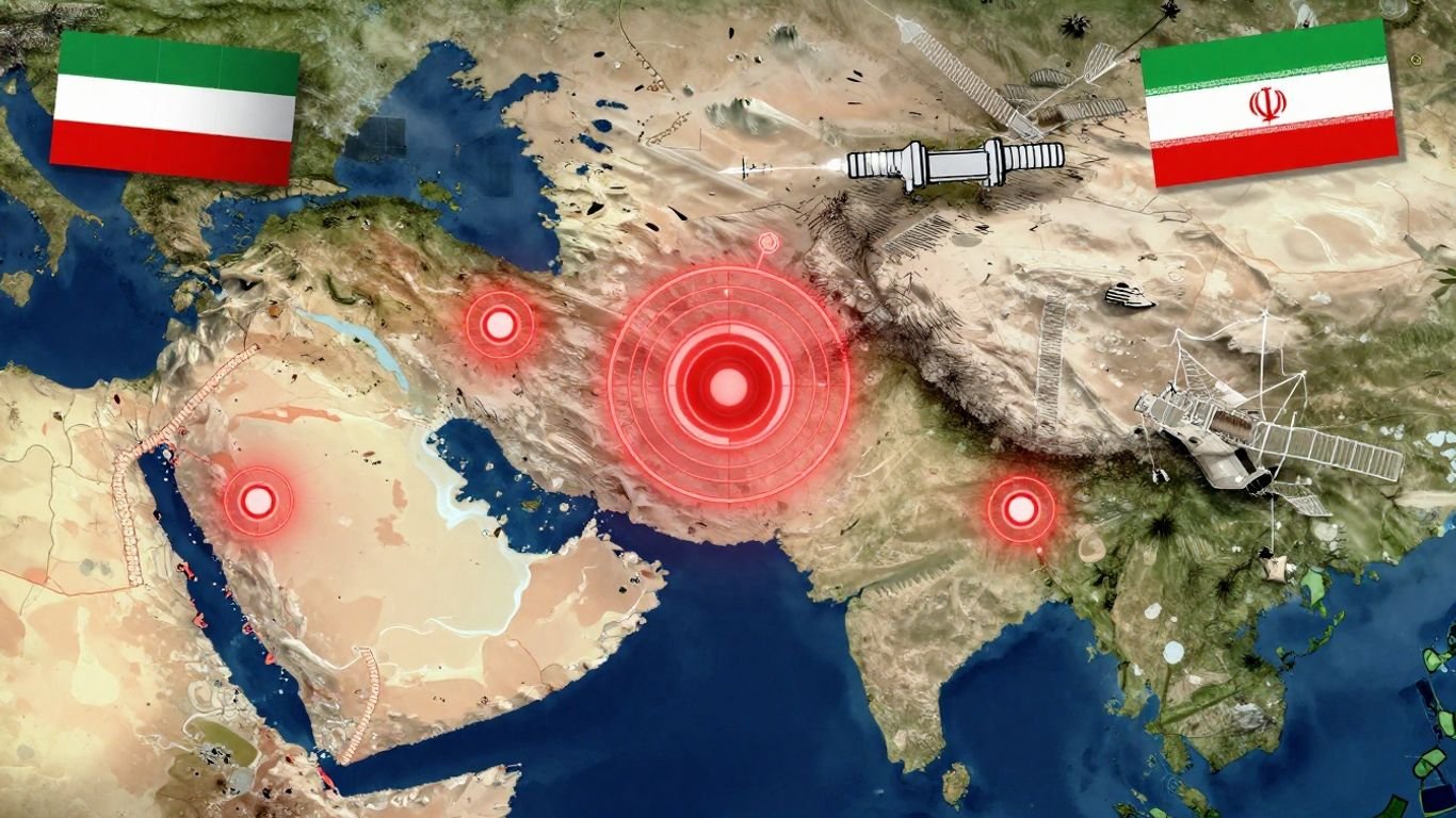 Russia and Iran flags over Middle East map with targets.