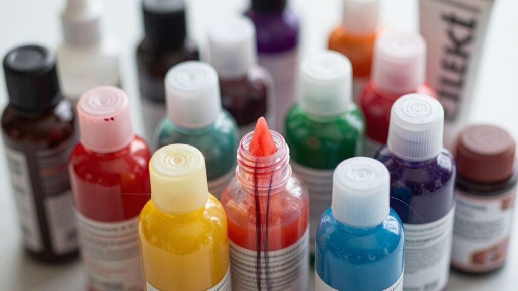 Hair dye bottles and tubes with colorful dyes.