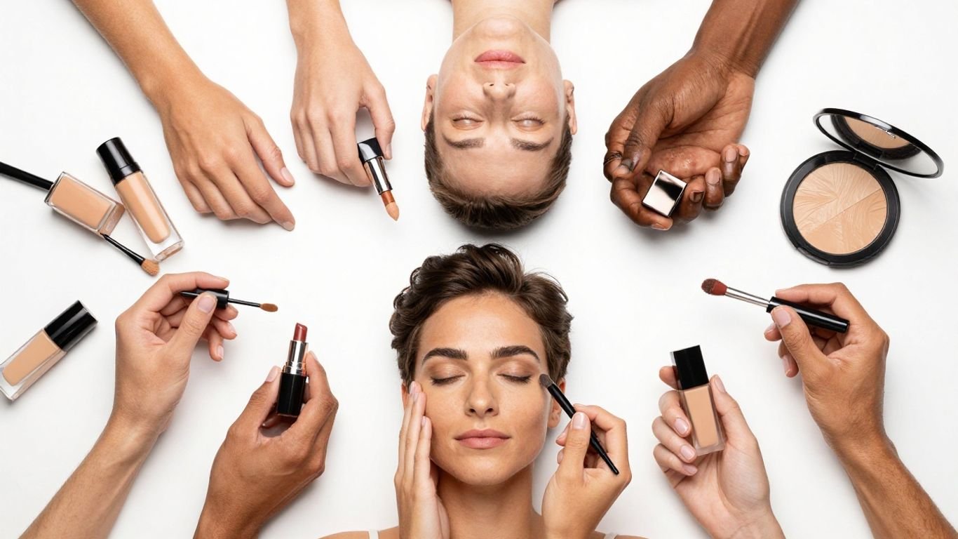 Diverse individuals applying inclusive beauty products.