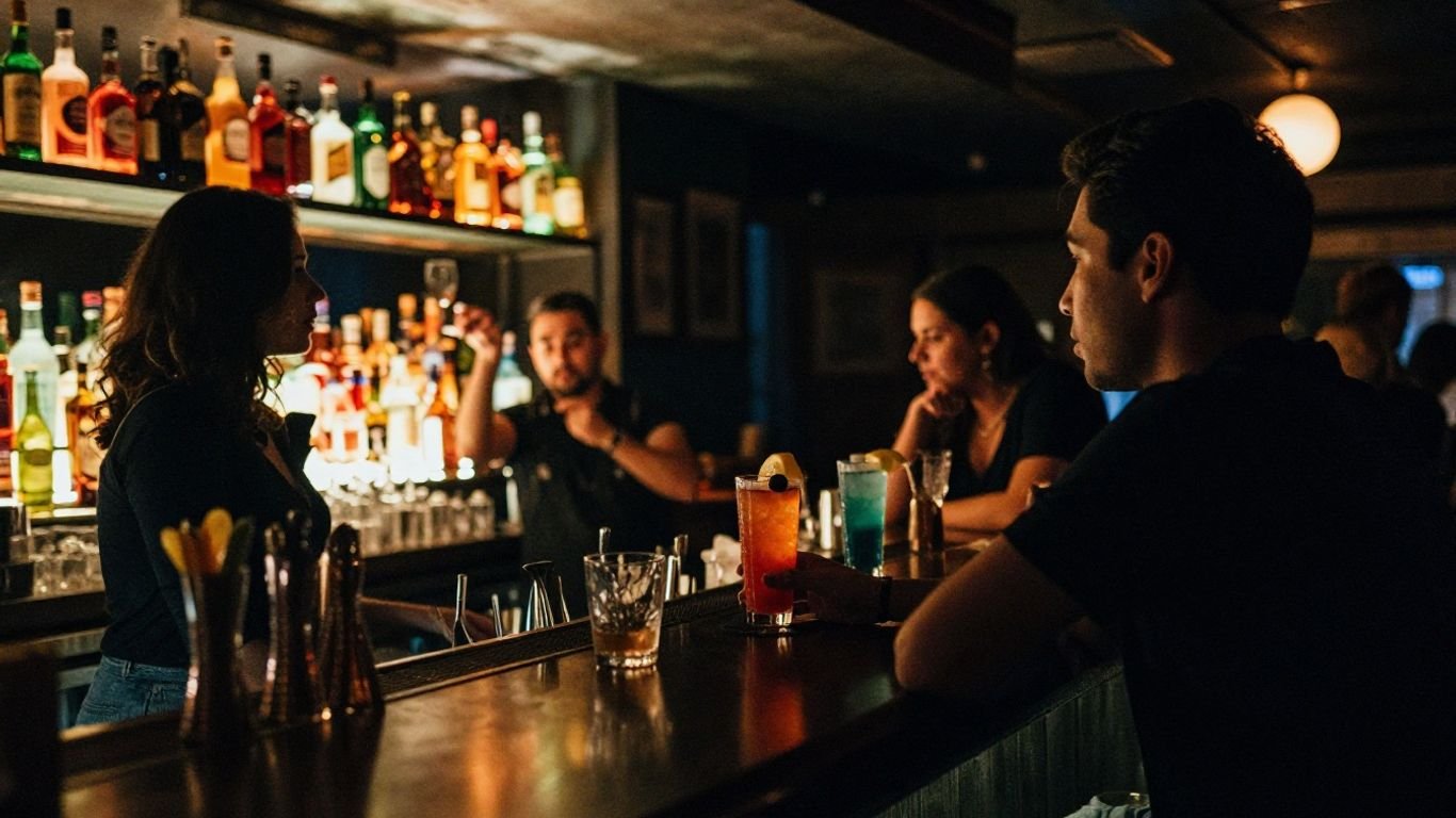 Interior of a sophisticated bar with warm lighting.