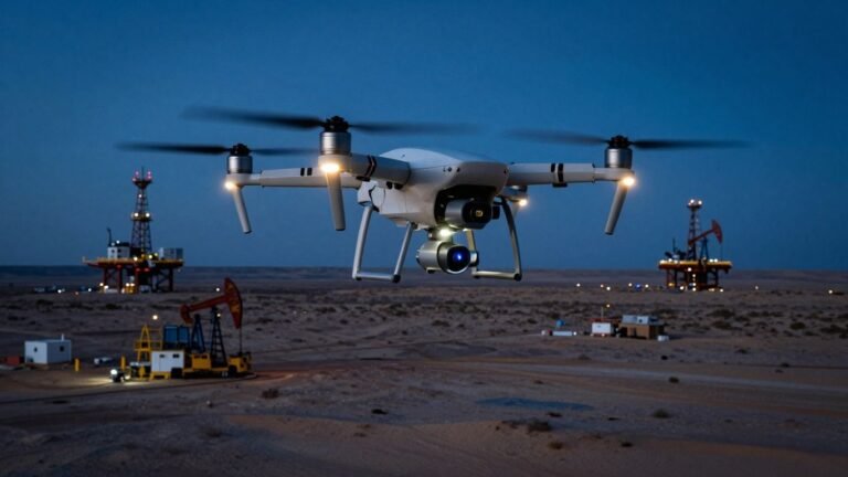 Drone flying over desert landscape with oil rigs.