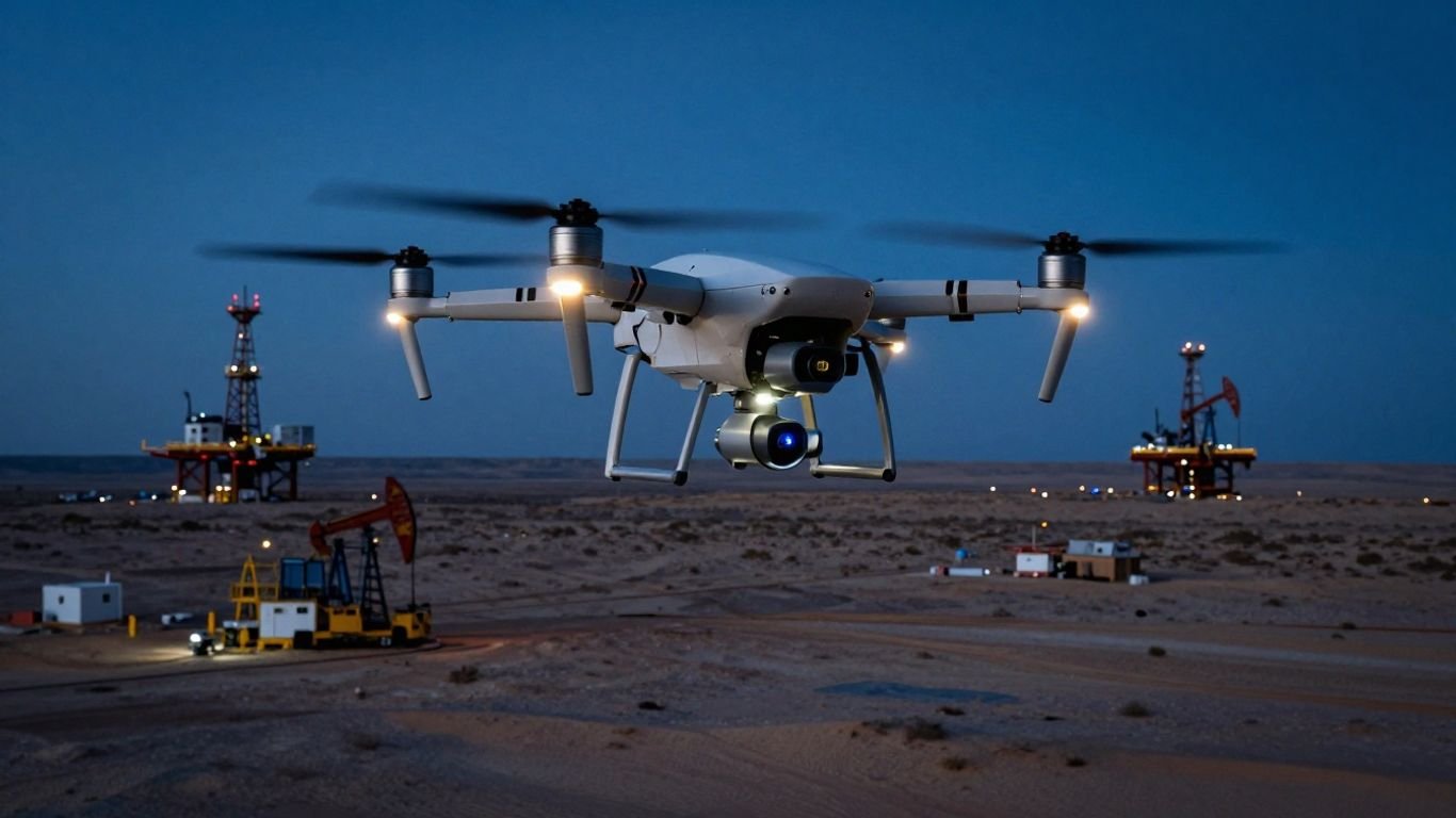 Drone flying over desert landscape with oil rigs.