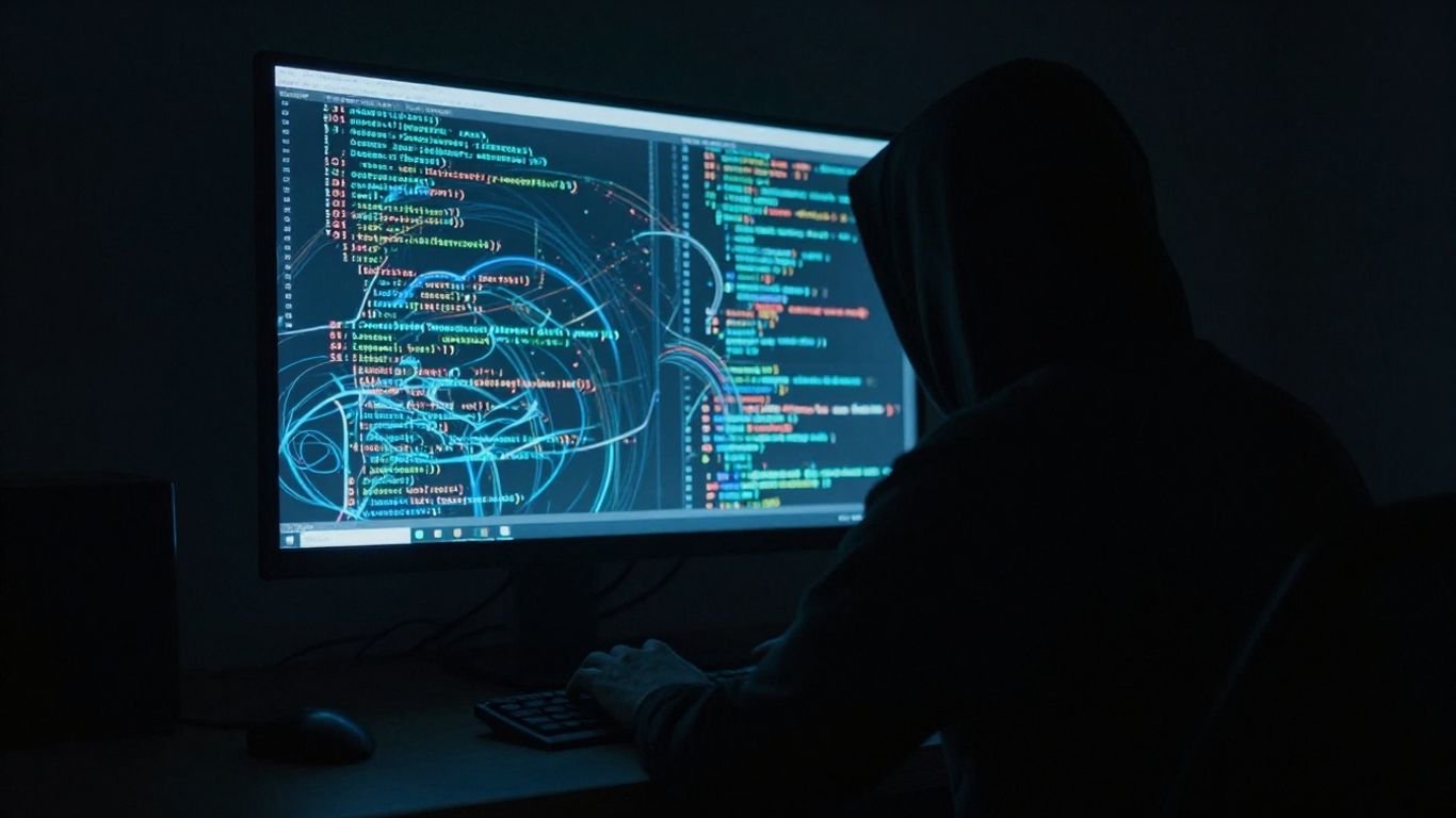 Cybersecurity breach aftermath, digital chaos, shadowy figure.