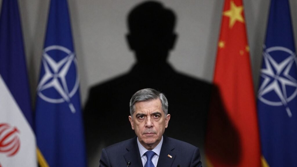 Pentagon official, NATO flags, Iran silhouette, military tension.