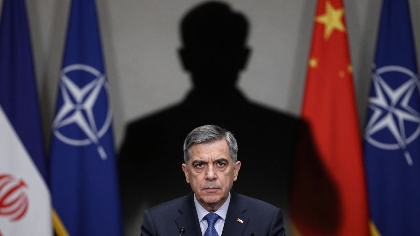 Pentagon official, NATO flags, Iran silhouette, military tension.